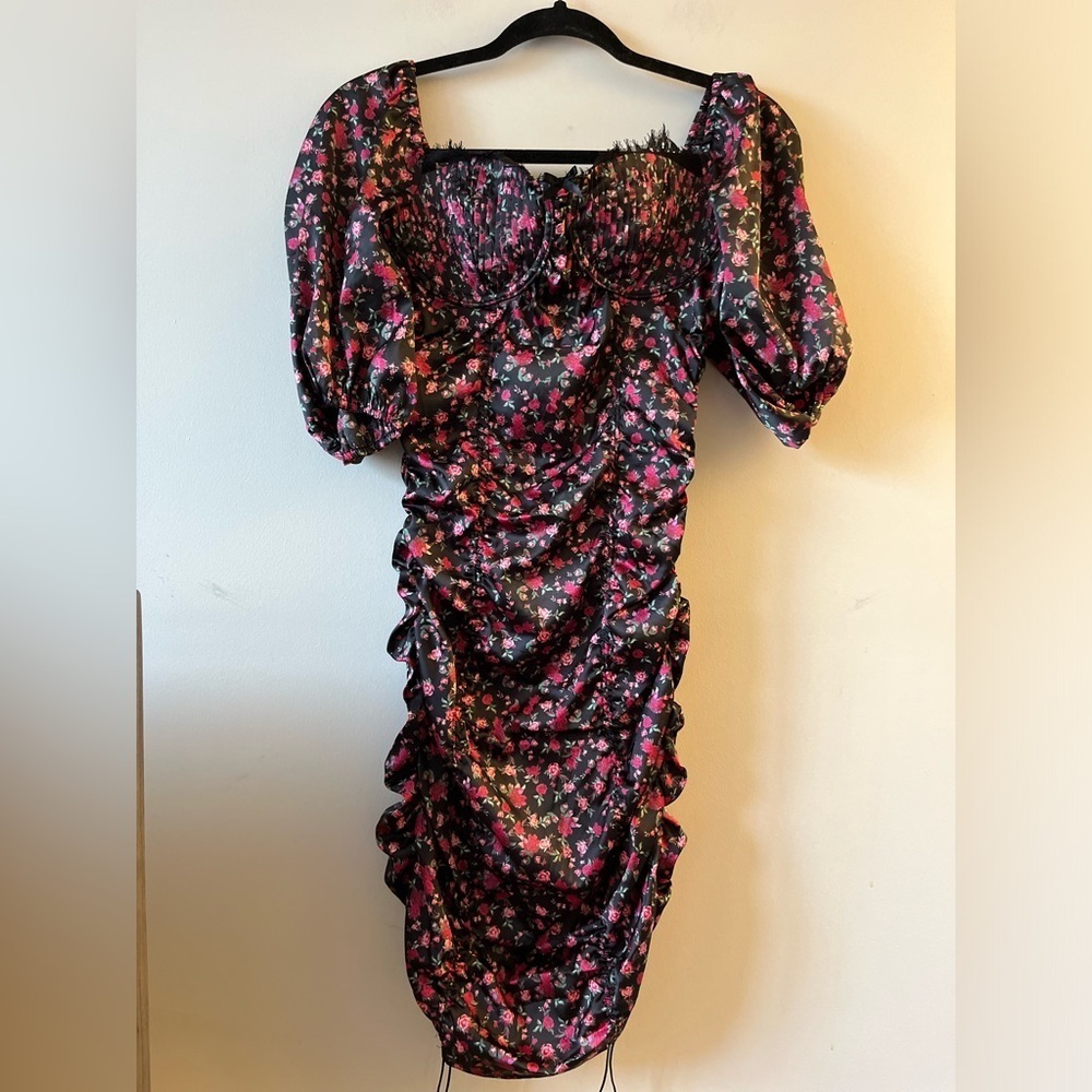 For Love & Lemons Melrose Satin Black and Pink Ruche Mini Puff sleeve dress - Picture 5 of 16
